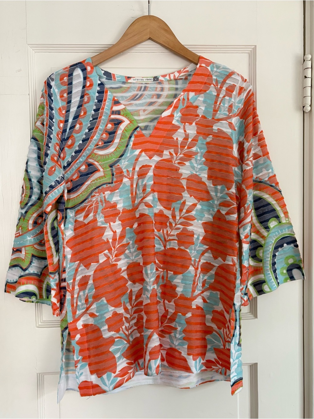 Whimsy Rose Ribbed Floral Top. Orange Blue Green. Large. Boho Festival Paisley